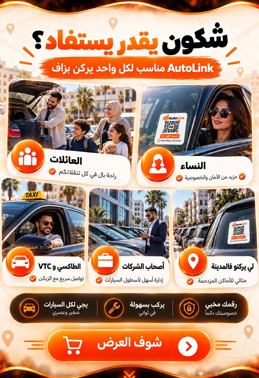 شكون يقدر يستفاد؟ AutoLink مناسب لكل واحد يركن بزاف: العائلات، النساء، الطاكسي و VTC، أصحاب الشركات، لي يركنو فالمدينة.